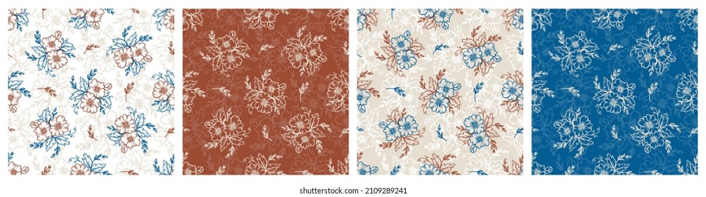Vector Floral Set. Flower Bouquets Seamless Patterns.