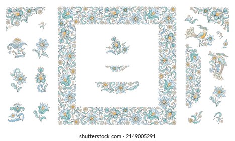 Vector floral set, frame, vignette, border, card design template. Elements in Eastern style. Floral borders, flower ethnic illustration. Indian ornaments. Isolated ornament. Ornamental decor for cards