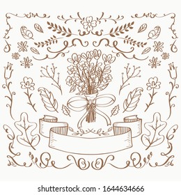 Conjunto floral vectorial. Colección gráfica con hojas y flores, elementos de dibujo.