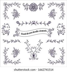 Conjunto floral vectorial. Colección gráfica con hojas y flores, elementos de dibujo. 