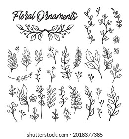 Vektorblumenset. Grafische Kollektion mit Blättern und Blumen, Zeichenelementen. Frühlings- oder Sommerdesign für Einladung, Hochzeit oder Grußkarten