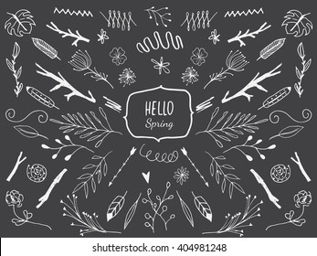 Vector floral set. Graphic collection with leaves and flowers, drawing elements. Spring or summer design for invitation, wedding or greeting cards