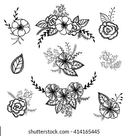 Vector floral set. Graphic collection with leaves and flowers, drawing elements.