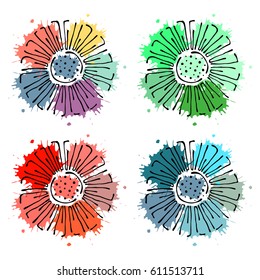 Vector floral set, graphic illustration. Flowers with leaves isolated on the white background. Hand drawn contour lines and strokes with splash, drops, spot. Outline drawing