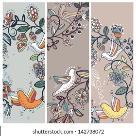 vector floral set of hand drawn cards with flowers and birds