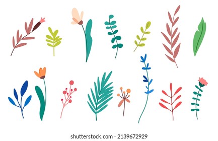 Vector floral set. Hand drawn wildflowers and herb isolated on white background. design for invitation, card, wedding, posters. Flat, folk style.