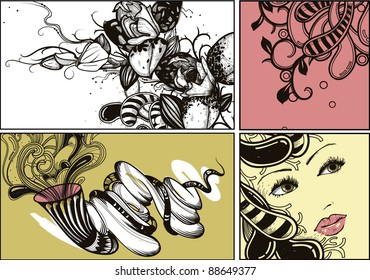 vector floral set of hand drawn cards with fantasy plants,flowers and a beautiful woman