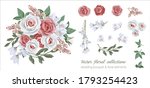 Vector floral set with leaves and flowers. Elements for your compositions, greeting cards or wedding invitations. Red and white roses, berries and white flowers