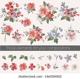 Vector floral set with leaves and flowers. Elements for your compositions, greeting cards or wedding invitations