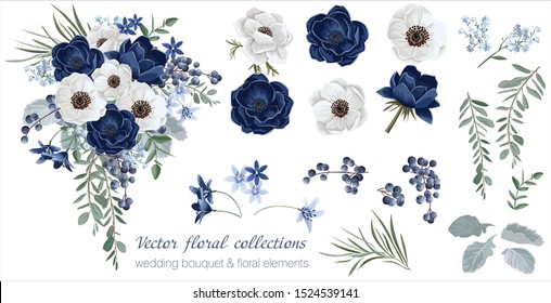 Vector floral set with leaves and flowers. Elements for your compositions, greeting cards or wedding invitations. Anemones