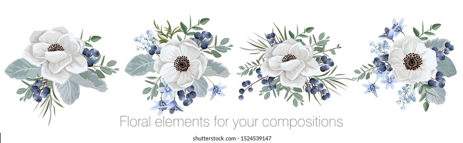 Vektorblumenset mit Blättern und Blumen. Elemente für Ihre Kompositionen, Grußkarten oder Hochzeitseinladungen. Hochzeitsanemone