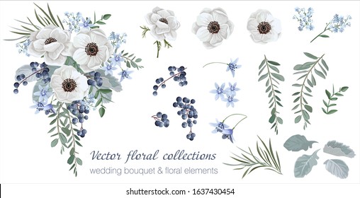 Vector floral set with leaves and flowers. Elements for your compositions, greeting cards or wedding invitations. Anemone