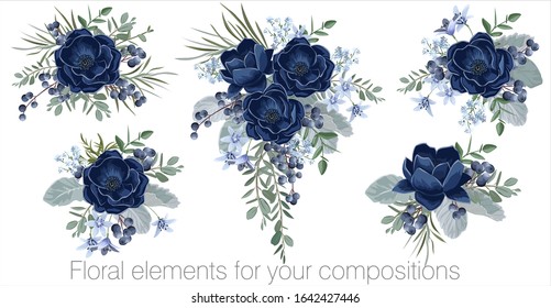 Vector floral set with leaves and flowers. Elements for your compositions, greeting cards or wedding invitations. Anemone