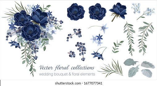 Vector floral set with leaves and flowers. Elements for your compositions, greeting cards or wedding invitations. Blue anemones, leaves and blueberry