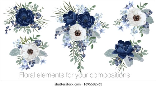 Vector floral set with leaves and flowers. Elements for your compositions, greeting cards or wedding invitations. Blue and white anemones