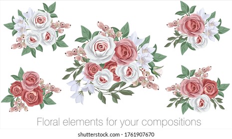 Vector floral set with leaves and flowers. Elements for your compositions, greeting cards or wedding invitations. Red and white roses, berries and white flowers