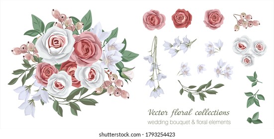 Vector floral set with leaves and flowers. Elements for your compositions, greeting cards or wedding invitations. Red and white roses, berries and white flowers