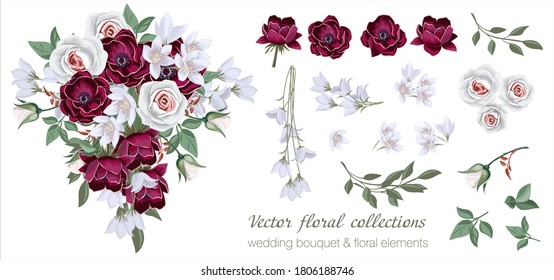 Vector floral set with leaves and flowers. Elements for your compositions, greeting cards or wedding invitations. Purple anemones and white roses