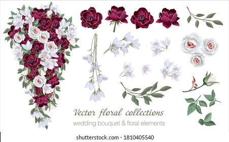 Vector floral set with leaves and flowers. Elements for your compositions, greeting cards or wedding invitations. Purple anemones and white roses