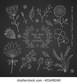 Vector floral set on a black background. Graphic collection with leaves and flowers, drawing elements. 