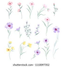Vector floral set on white background. Colorful floral collection with tropical leaves and flowers. Spring or summer design for invitation, wedding or greeting cards.