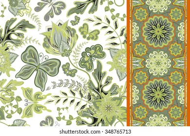 Vector floral set pattern with hand draw fantasy flowers and butterfly and seamless border (strip band ribbon) for your design. 