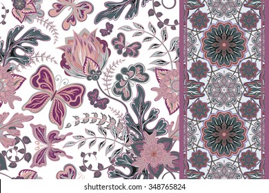 Vector floral set pattern with hand draw fantasy flowers and butterfly and seamless border (strip band ribbon) for your design. 