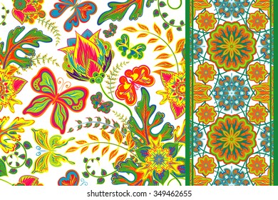 Vector floral set pattern with hand draw fantasy flowers and butterfly and seamless border (strip band ribbon) for your design. 