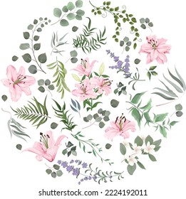 Vektorfloralset. Rosa Lilien, Lavendel, Eukalyptus. Verschiedene Arten von Pflanzen und Blättern. Kollektion für Hochzeitsdesign 