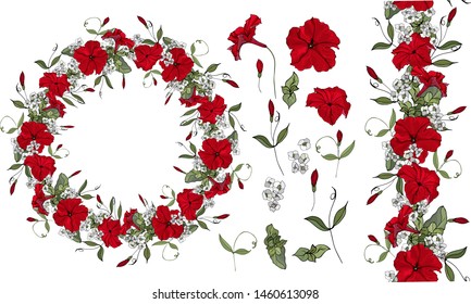 Vector floral set of red flowers. Petunia and leaves isolated. Round frame. Endless vertical border. Hand drawn. Floral elements for your design.