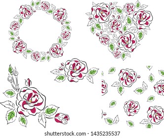 Vector floral set of roses, arrangement of roses, wreath of roses, heart of roses and seamless pattern. Black outline, hand-drawn. Design for cards, wedding, Wallpaper, textiles and posters.