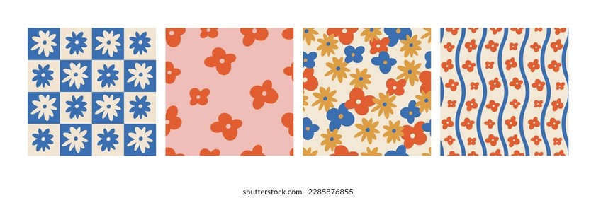 Vector floral set seamless patterns. Y2k flowers backgrounds collection for print or social media