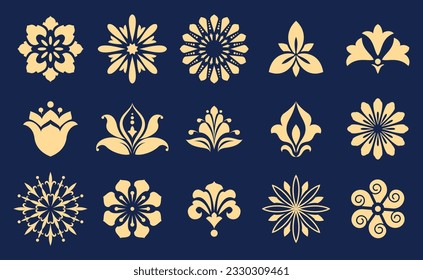 Juego de vectores florales. Diseño de primavera o verano para tarjetas de invitación, boda o saludo. Diseñar elementos en estilo gráfico. Ornamento dorado y azul oscuro