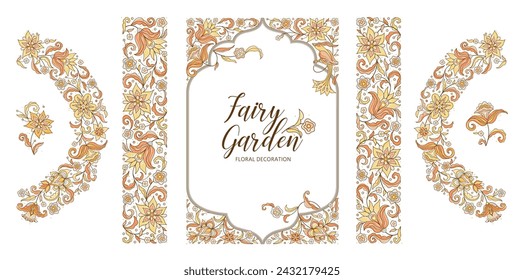 Vector floral set, square frame, vignette, half-round borders, card design template. Elements in Oriental style. Floral borders, flower ethnic illustration. Isolated ornament. Ornamental decor