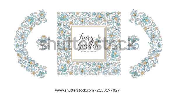 Vector\
floral set, square frame, vignette, half-round borders, card design\
template. Elements in Eastern style. Floral borders, flower ethnic\
illustration. Indian ornaments. Isolated\
ornament.