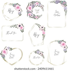 Vector floral set for wedding design. Gold frames, Pink roses, anemones, succulent, gypsophila, eucalyptus, miscellaneous plants and leaves. 