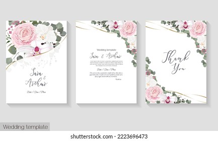 Vector floral set for wedding invitations. Pink roses, ranunculus, white orchids, eucalyptus, green plants and leaves. All elements are isolated. 