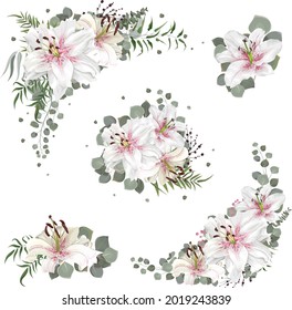 Vector Floral Set. White royal lilies, eucalyptus, berries, gypsophila, green plants and flowers. Floral compositions on white background. All elements can be isolated from each other. 