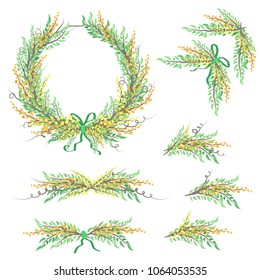 Vector floral set. Floral wreath. Spring or summer design for wedding invitation. Leafs, flowers and berries composition.