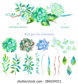 Vector floral set.Colorful floral collection with leaves and flowers, drawing watercolor.Colorful floral collection with flowers + 1 beautiful bouquet.Set of floral elements for your compositions.