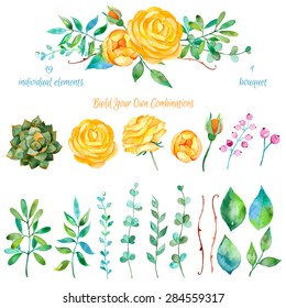 Vector floral set.Colorful floral collection with leaves and flowers, drawing watercolor.Colorful floral collection with flowers + 1 beautiful bouquet.Set of floral elements for your compositions.