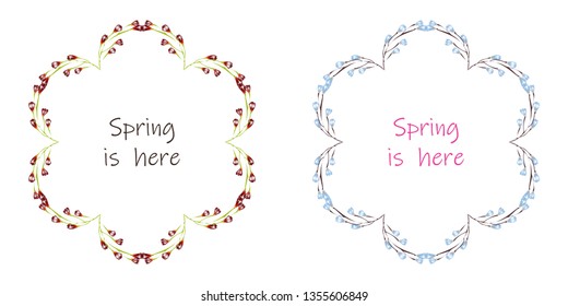 Vector floral set.Colorful purple floral collection with leaves and flowers,drawing watercolor. Spring is here text