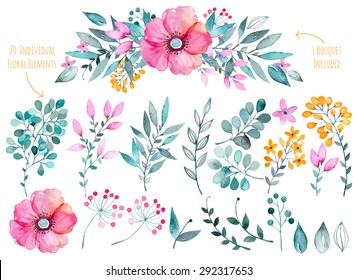 Vector floral set.Colorful purple floral collection with leaves and flowers,drawing watercolor.Colorful floral collection with flowers+1 beautiful bouquet.Set of floral elements for your compositions.