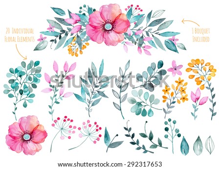 Vector floral set.Colorful purple floral collection with leaves and flowers,drawing watercolor.Colorful floral collection with flowers+1 beautiful bouquet.Set of floral elements for your compositions.