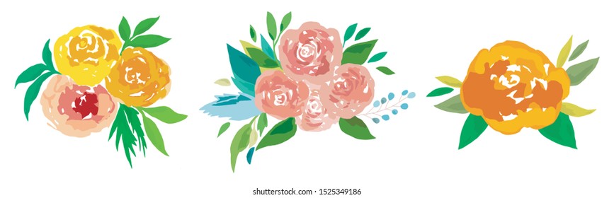 Vector floral sets suitable for wedding card invitation. Yellow, pink and orange floral bouquets to adorn presentation or backdrop design.  