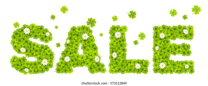 Vector floral sign SALE made from green clover leaves with chamomile flowers