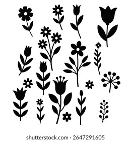 Vector floral silhouettes collection of various simple flowers and foliage in monochrome design