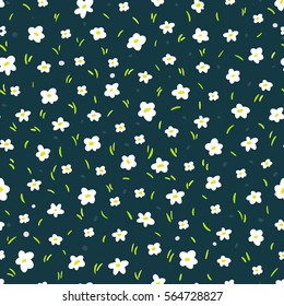 Vector floral simple flower chamomile seamless pattern of dark blue background
