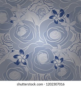 Vector floral sketch. Flower pattern with roses. Vintage flower seamless pattern. White, blue and gray roses pattern. Hand drawn rose flowers.