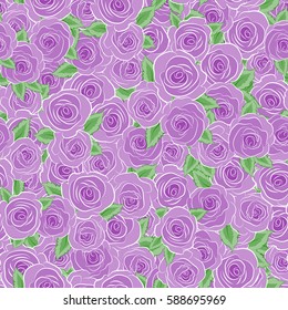 Vector floral sketch. Violet roses pattern. Vintage flower seamless pattern. Hand drawn rose flowers. Flower pattern with roses and green leaves.